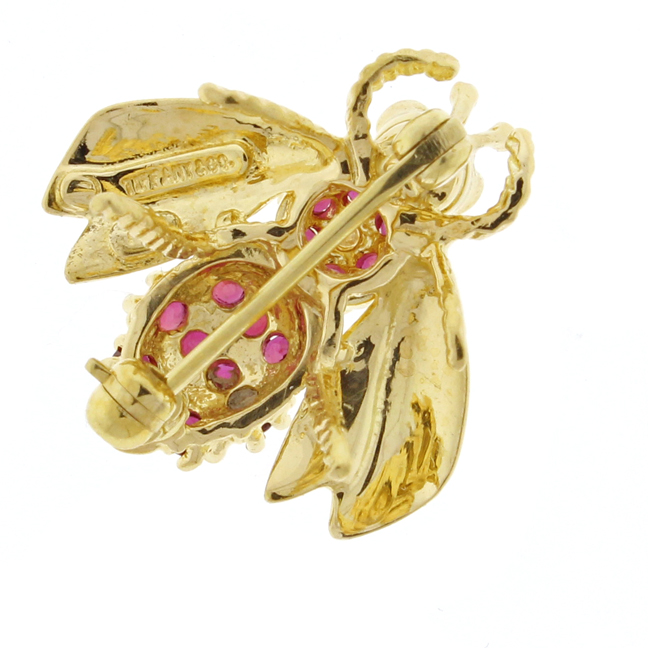 Back view of a Tiffany & Co. Ruby Diamond Gold Bee Pin Brooch