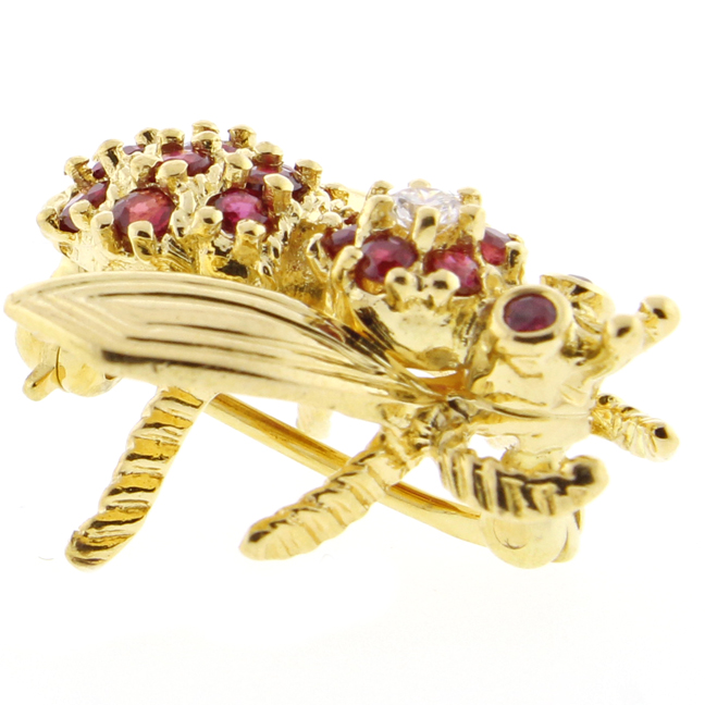 side view of a vintage Tiffany & Co. Ruby Diamond Gold Bee Pin Brooch