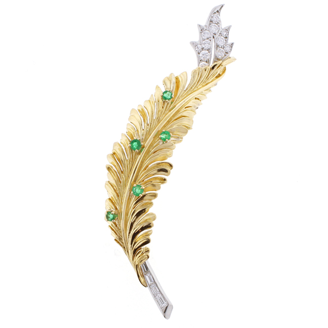 vintage Tiffany & Co. Emerald Diamond Gold Platinum Leaf Brooch