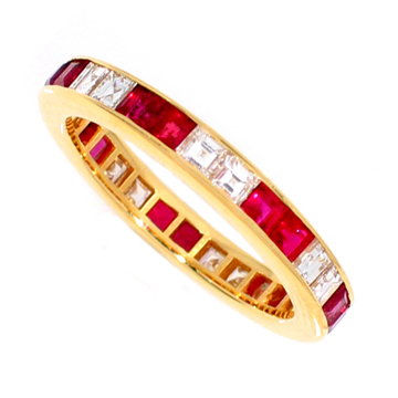 18 karat Channel set ruby and diamond ring