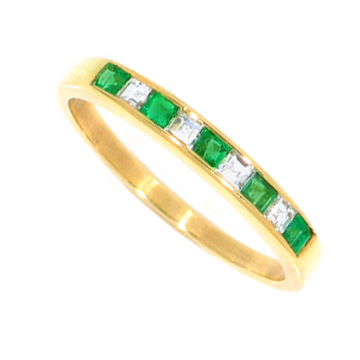 18 karat Channel set emerald and diamond ring