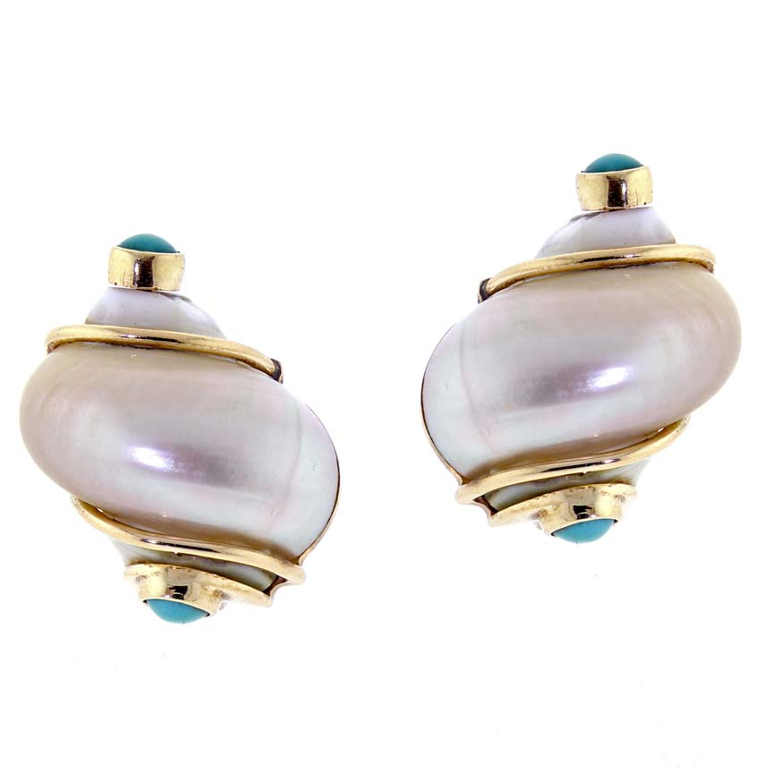 Seaman Schepps Turbo Shell and Turquoise Gold Earrings | Pampillonia ...