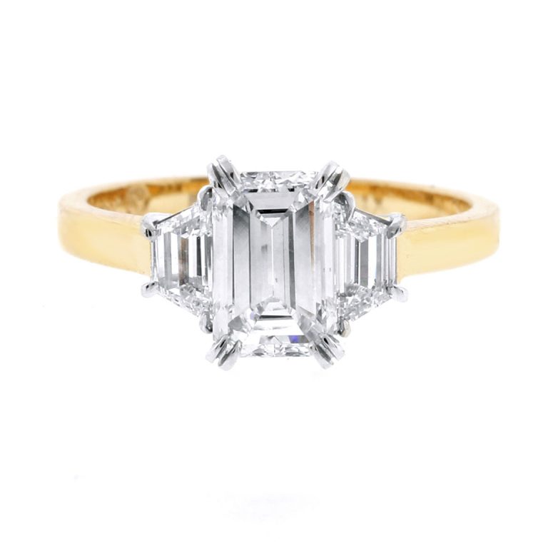 Emerald Cut and Trapezoid Three-stone Peach Gold Diamond Engagement ...