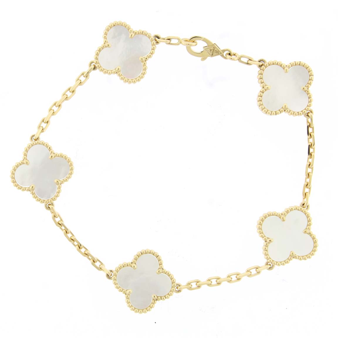 Van Cleef & Arplel Mother of Pearl 5 Motifs Vintage Alhambra Bracelet, Pampillonia Jewelers