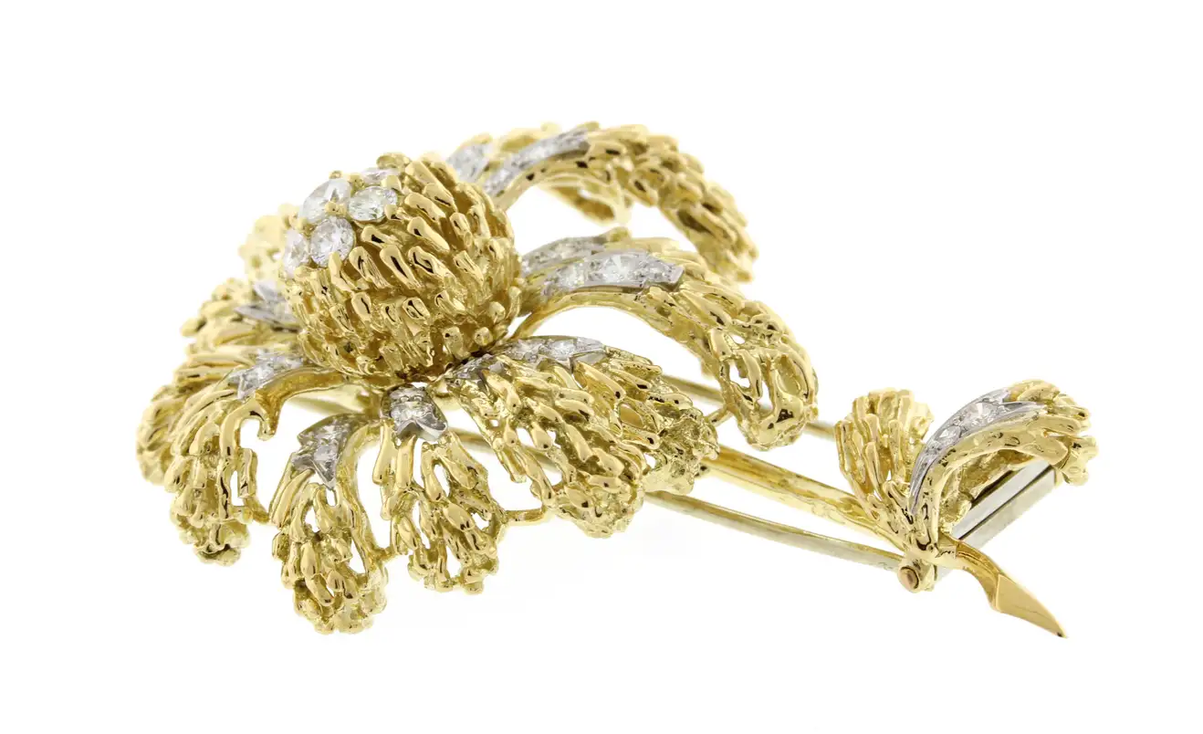 Chrysanthemum 1.85-Carat Old European Cut Diamond and Pearl Brooch