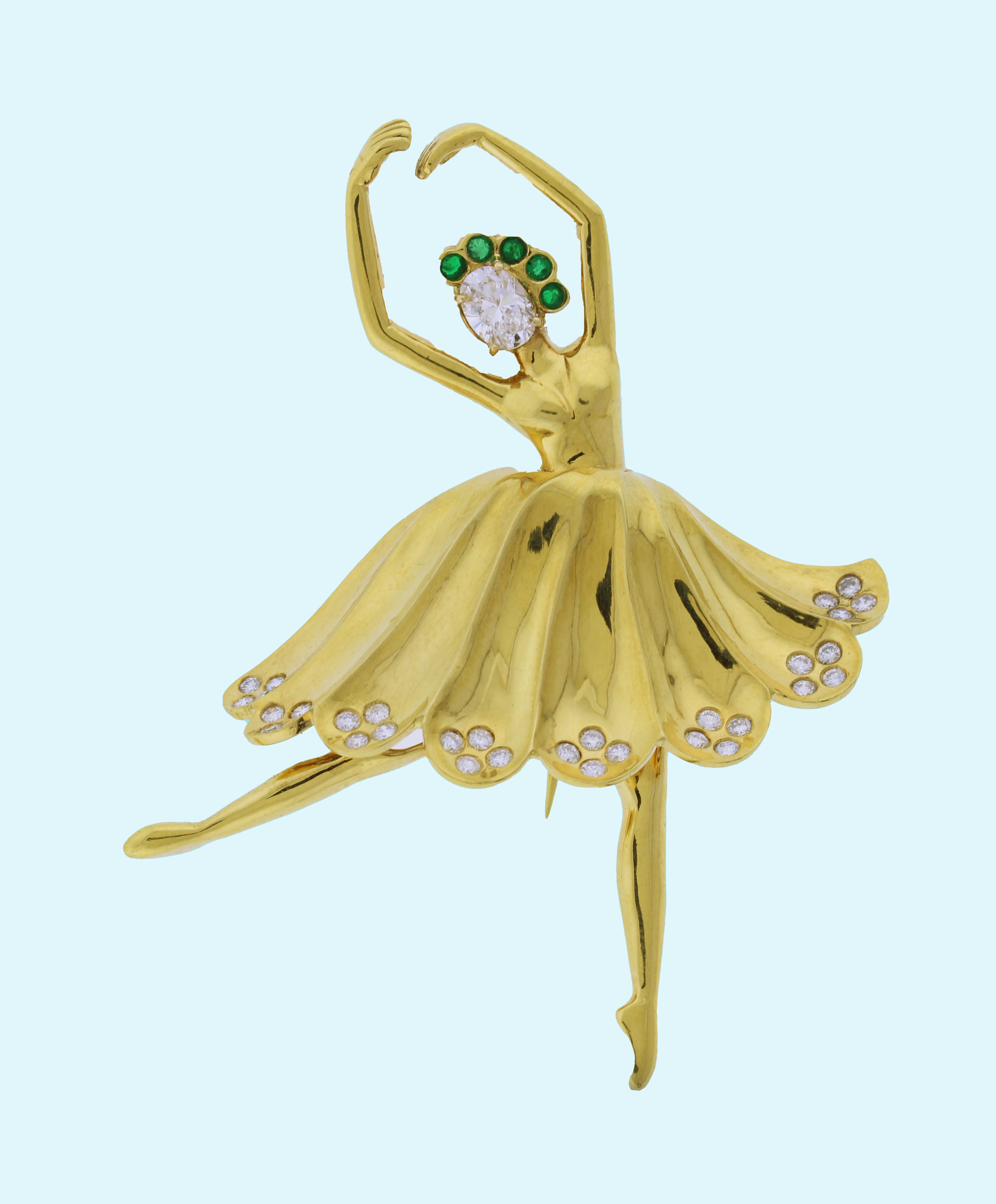 Emerald and Diamond Ballerina Brooch By Pampillonia Jewelers