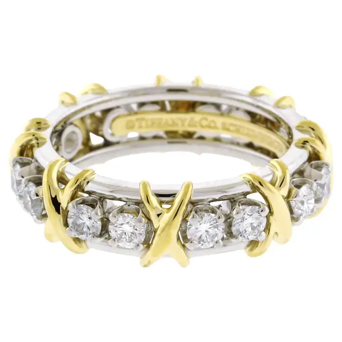 Tiffany & Co. Schlumberger 16 Stone Diamond Platinum and Gold X-Ring ...