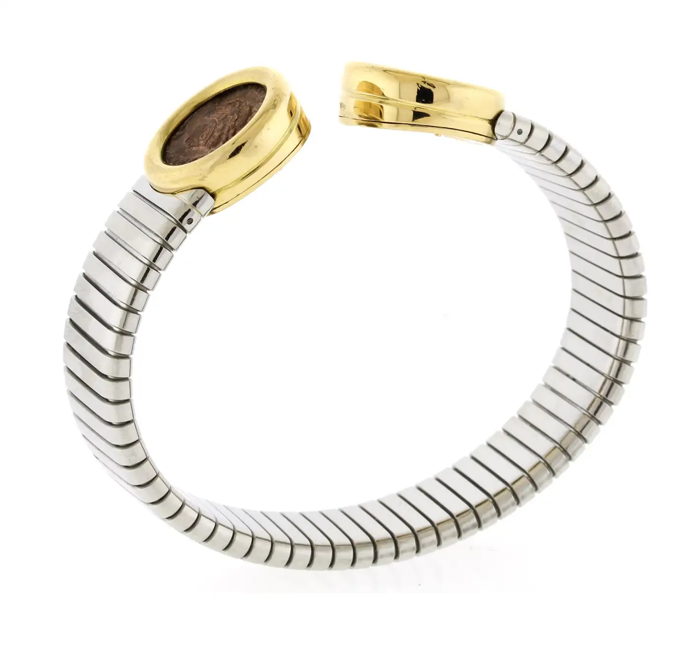 Bulgari Stainless Steel and Gold Bezel Set Coin Bracelet | Pampillonia ...