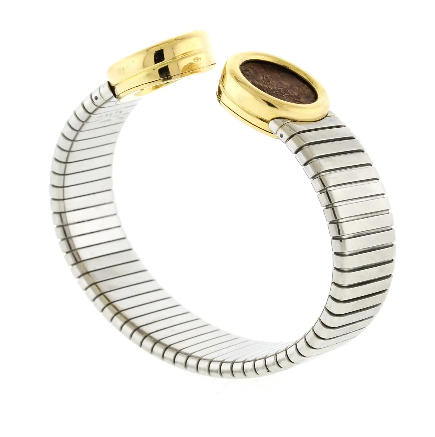 Bulgari Stainless Steel and Gold Bezel Set Coin Bracelet | Pampillonia ...